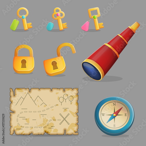 Collection of items for treasure hunting journey and navigation. Accessories for treasure hunting journey, ancient map, compass, spyglass a collection of key and padlocks. Game and app ui icons.