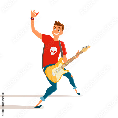 Cartoon electric guitar player. Teenage guitarist shows hand up. Vector illustration of young person holding electric guitar