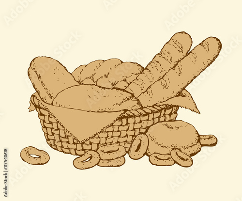 Vector still life. Sketch basket of fresh pastries