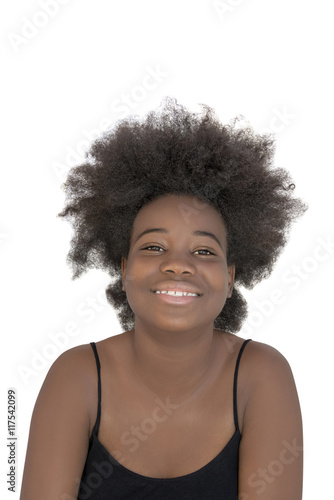 Afro girl smiling, thirteen years old, isolated 