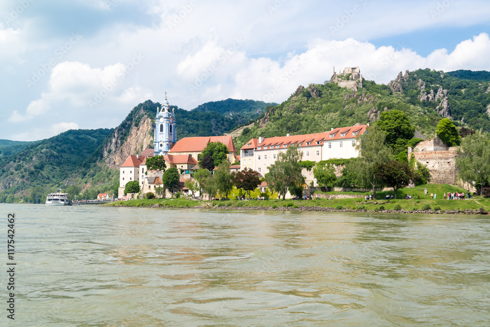 Town of Durnstein with abbey and old castle from Danube river, Wachau Valley, Lower Austria