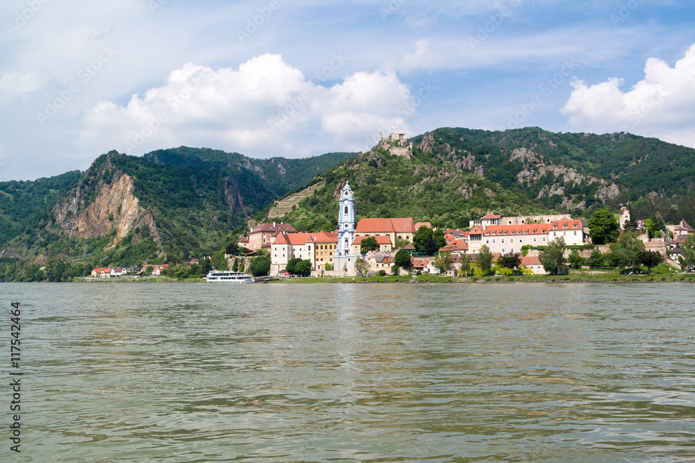 Naklejka premium Town of Durnstein with abbey and old castle from Danube river, Wachau Valley, Lower Austria