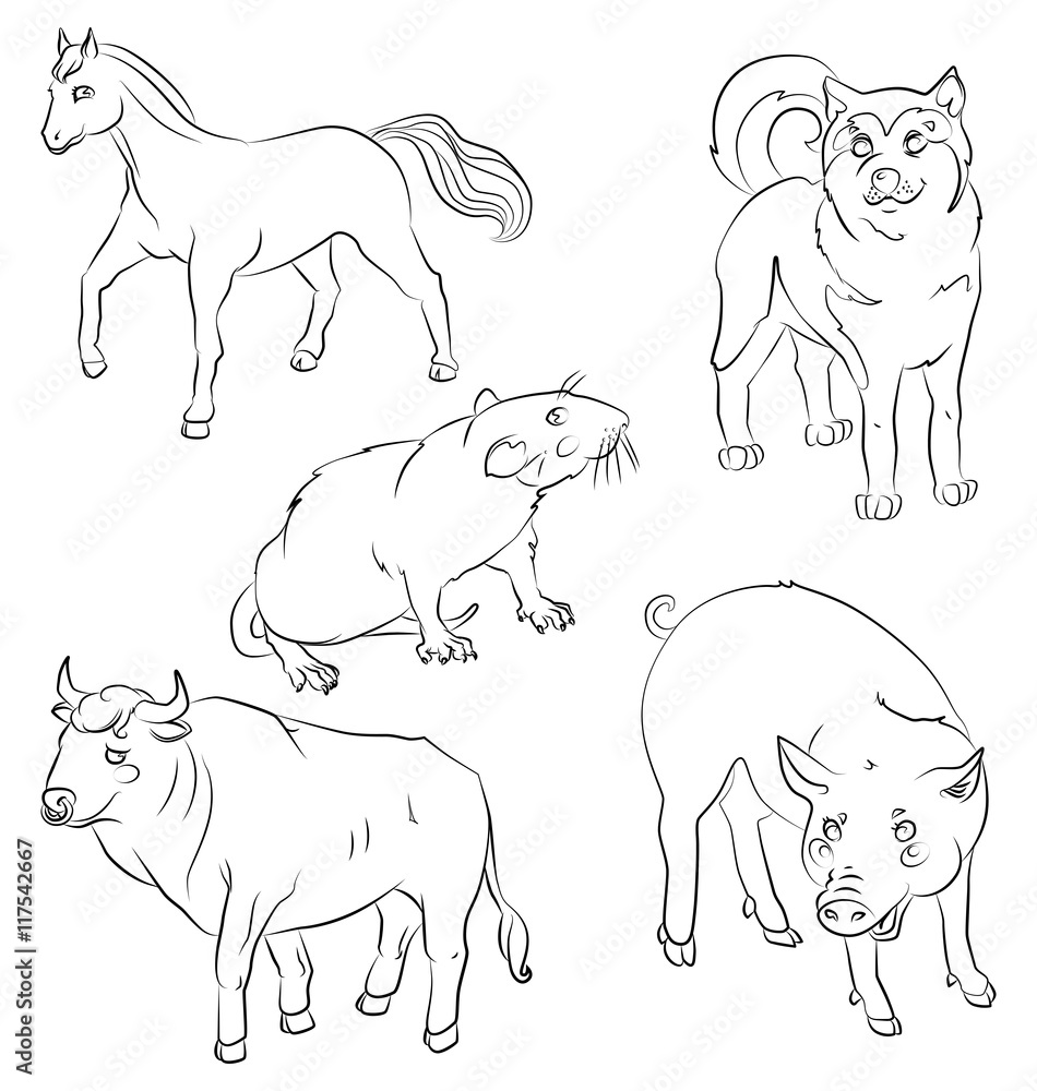 Set of animals: bull, dog, horse, rat and pig