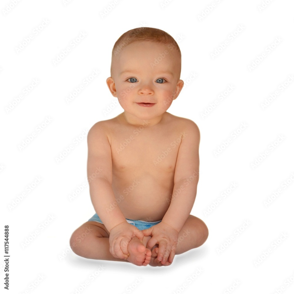 Cute baby wearing cloth diaper sitting on white background. Child concept.