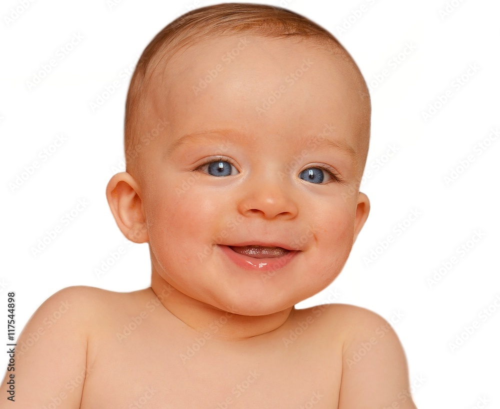 Closeup portrait of happy baby on white background. Child concept. Closeup portrait of happy baby on white background. Child concept.