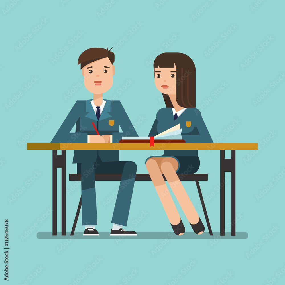 Couple of teenagers young students in school uniform at the desk. Couple of schoolboy and schoolgirl sitting at the table in the classroom.Vector illustration of education concept Couple of teenagers young students in school uniform at the desk. Couple of schoolboy and schoolgirl sitting at the table in the classroom.Vector illustration of education concept