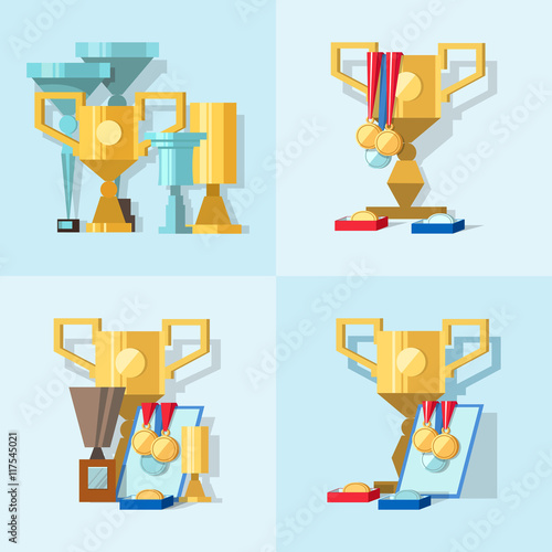 Vector illustration of set of awards, medals, diplomas and award certificate. Gold and silver cups award trophy and medals for the winner