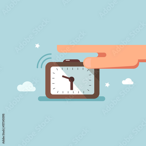 Vector illustration concept of awakening alarm clock. Hand off the button of the alarm clock in the morning flat design