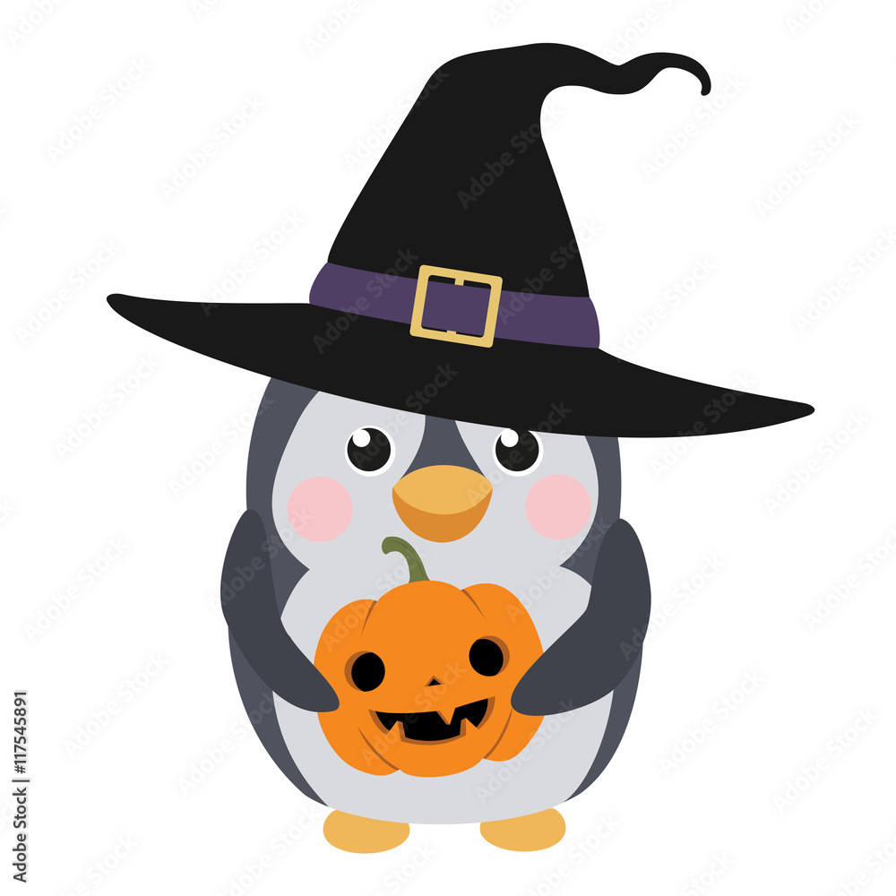 Cute penguin with pumpkin
