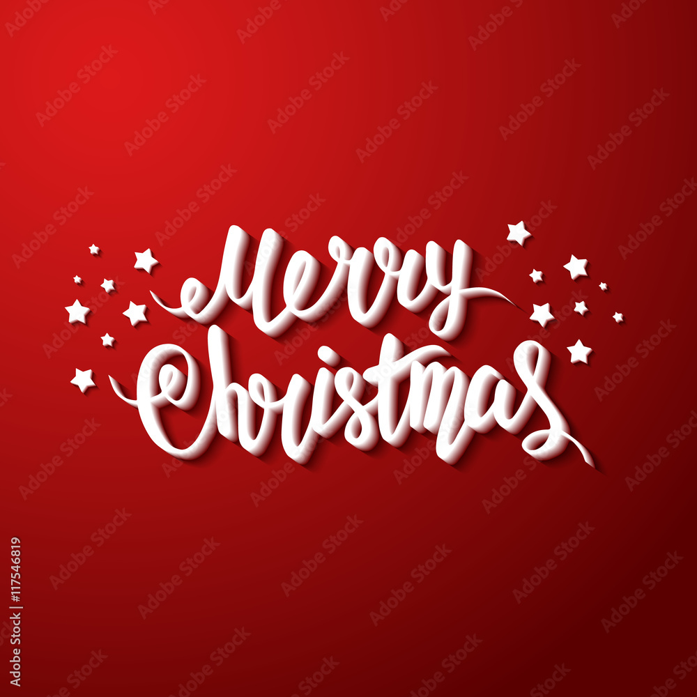 Merry Christmas greeting card with stars on a red background. Hand drawn lettering. Vector illustration. Design by flyer, banner, poster, printing, mailing.