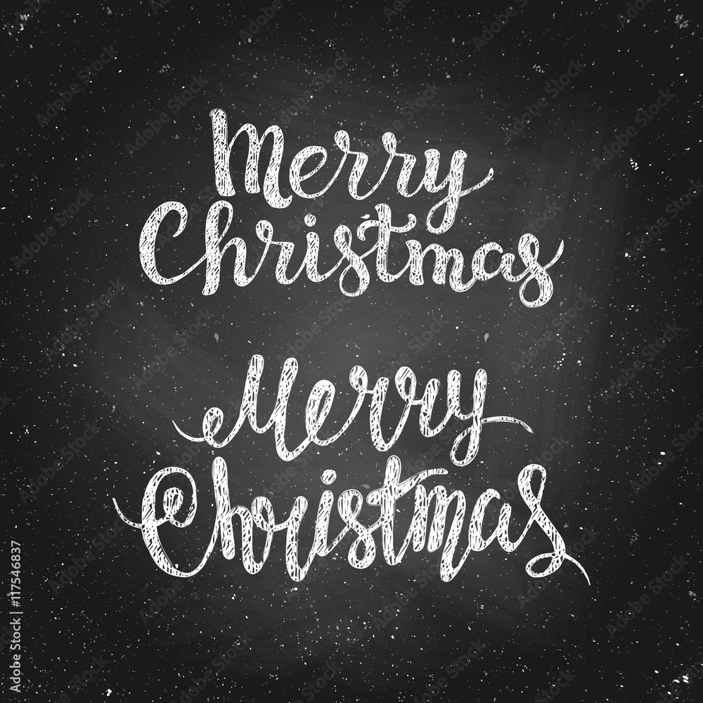 Merry Christmas - greeting quote on chalkboard. Hand drawn chalk lettering. Vector illustration. Design by flyer, banner, poster, printing, mailing Merry Christmas - greeting quote on chalkboard. Hand drawn chalk lettering. Vector illustration. Design by flyer, banner, poster, printing, mailing