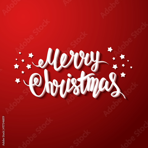 Merry Christmas greeting card with stars on a red background. Hand drawn lettering. Vector illustration. Design by flyer, banner, poster, printing, mailing.