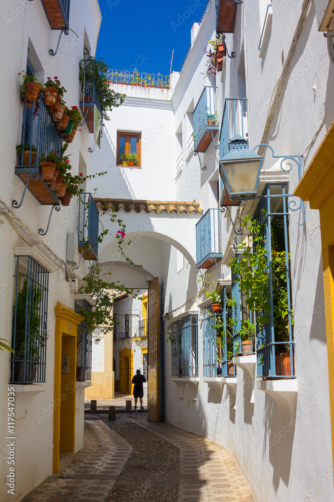 Fototapeta premium Streets decorated with bows and barred windows typical of the city of cordoba spain