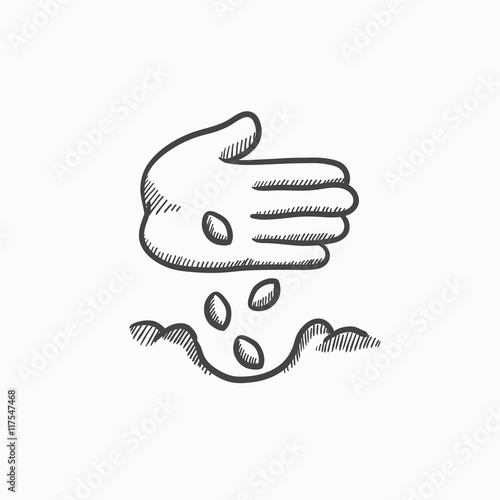 Hand planting seeds in ground sketch icon.