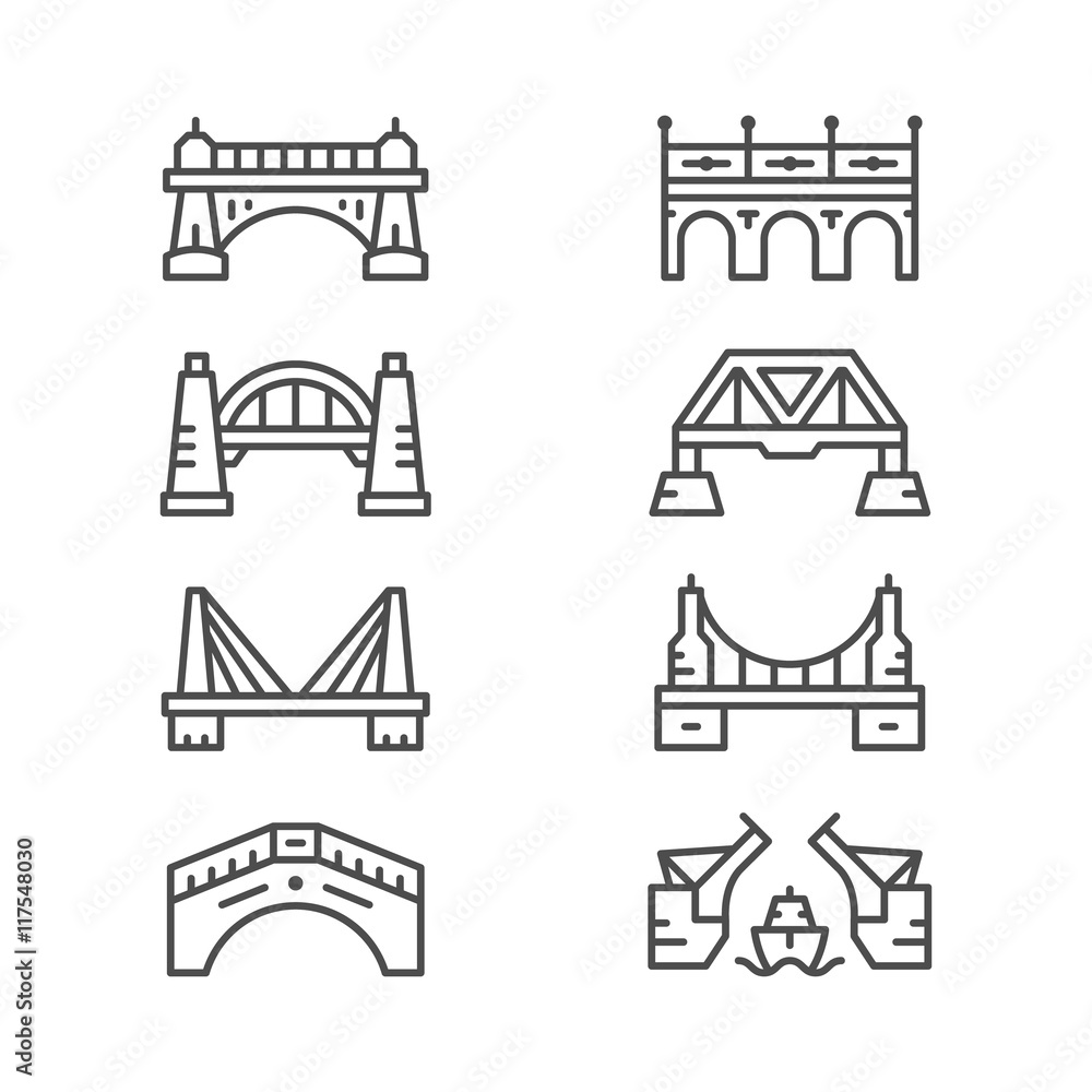 Set line icons of bridges