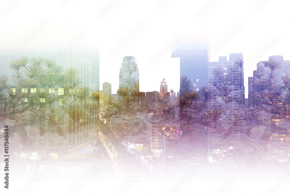 Double exposure photography capital city view and forest landscape, blue, green, purple pine tree on high building composite picture background, natural scenery backdrop