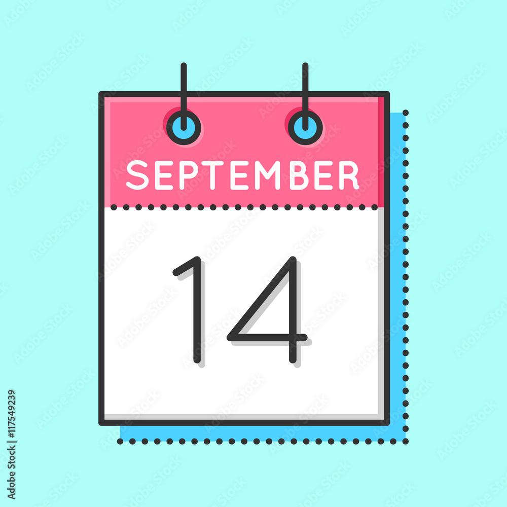 Vector Calendar Icon. Flat and thin line vector illustration. Calendar sheet on light blue background. September 14th Vector Calendar Icon. Flat and thin line vector illustration. Calendar sheet on light blue background. September 14th