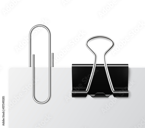 Realistic paper clip and black binder clip on white paper. Vector illustration. Ready for your design
