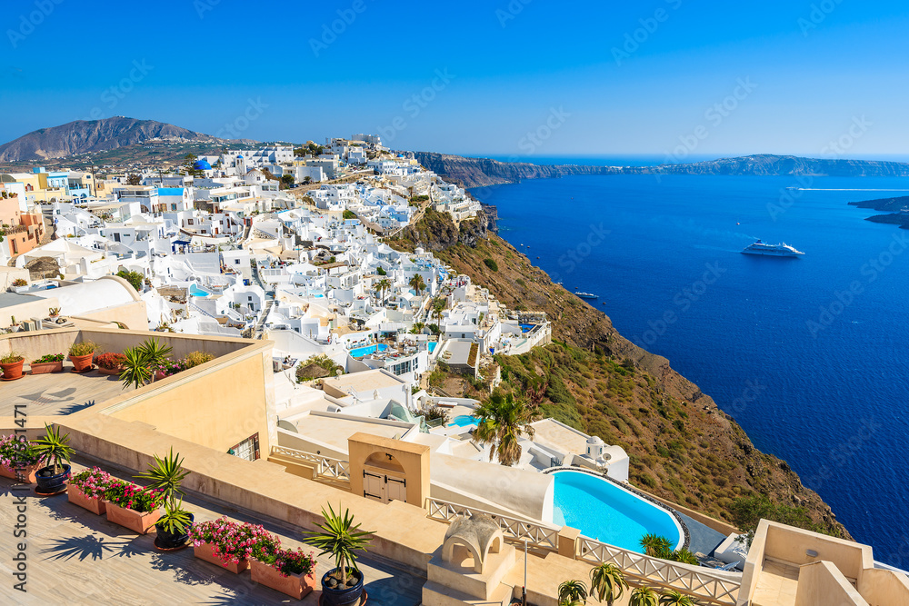 View of Firostefani village with sea in background at sunset time, Santorini island, Greece