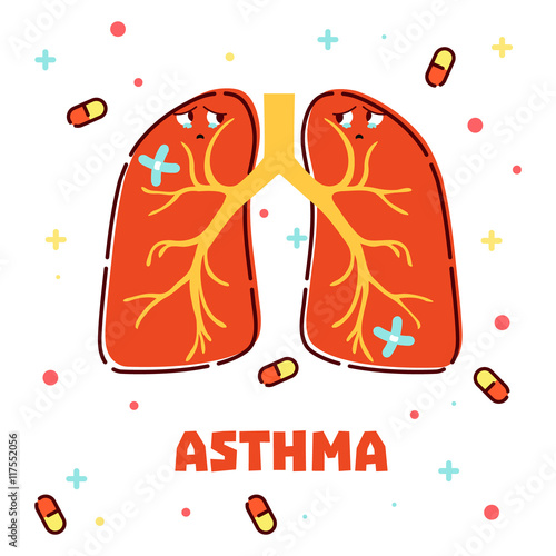 Vector illustration of lungs and pills on white background. Asthma awareness poster made in cartoon style. Medical concept. 