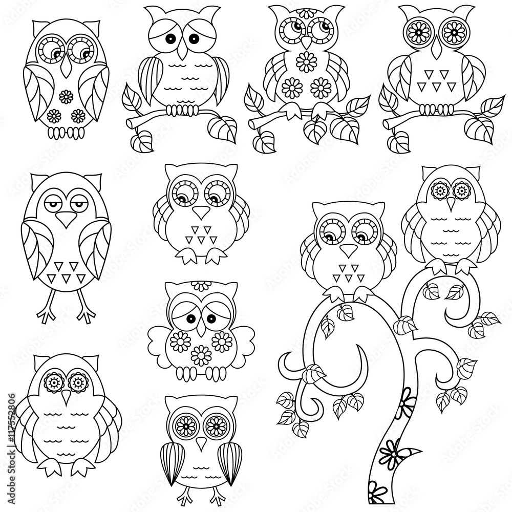 Set of various ornamental owl black outlines Set of various ornamental owl black outlines