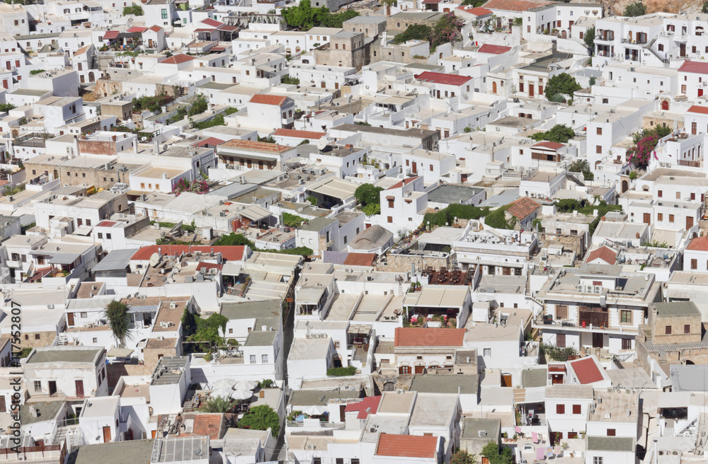 view over the city's rooftops. Lindos. Rhodes.