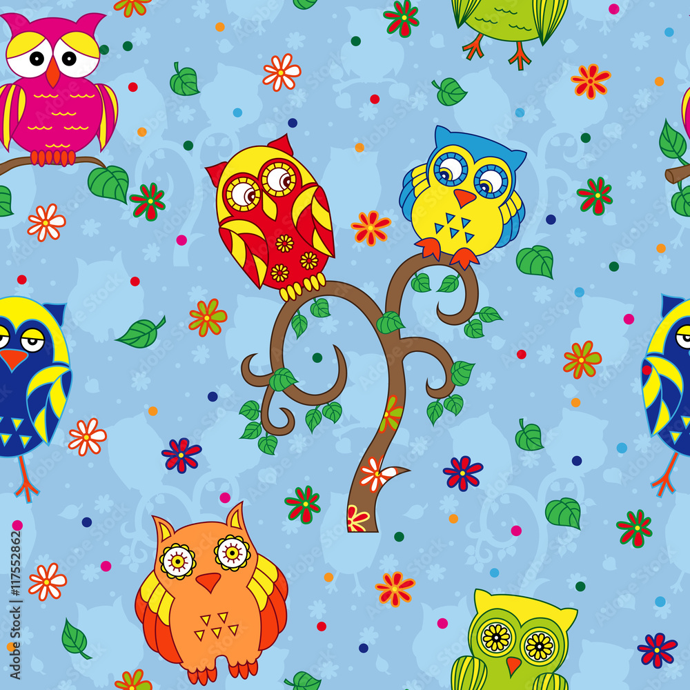 Funny owls and tree seamless pattern over blue Funny owls and tree seamless pattern over blue