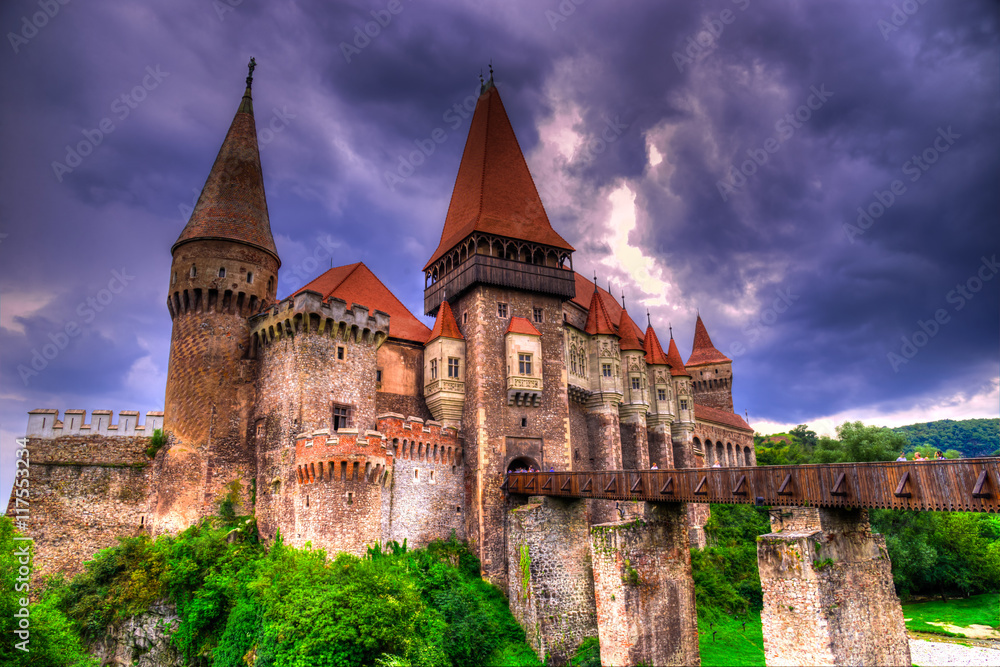 Hunyad Corvin castle iwith storm  clouds in Hunedoara,Transylvania,Romania,Europe