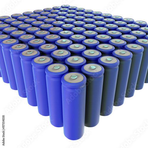 bunch of blue lithium-ion batteries on white background 3d rendering