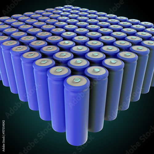 bunch of blue lithium-ion batteries on black background 3d rendering