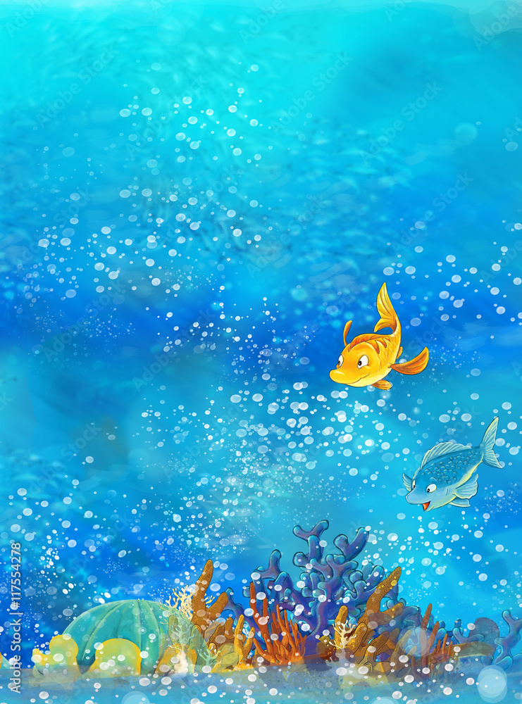 Naklejka premium Cartoon underwater scene with swimming fishes - illustration for children