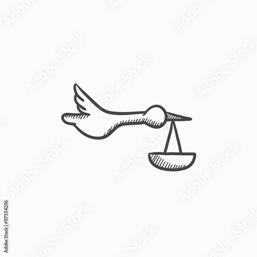 Baby basket with stork sketch icon.