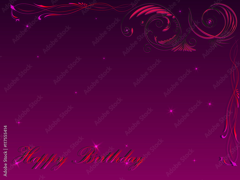 Card with a congratulation happy birthday with a floral ornament in the upper right corner in pink tones Card with a congratulation happy birthday with a floral ornament in the upper right corner in pink tones