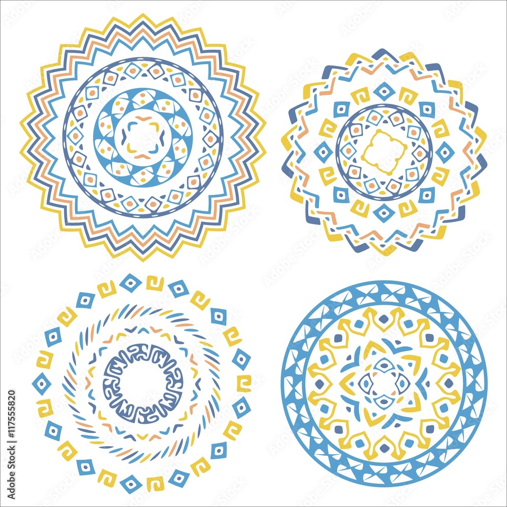 Collection of bright colorful geometric round ethnic decorative elements. Vector mandala backgrounds with bohemian, African, Oriental, Indian, Arabic motifs.