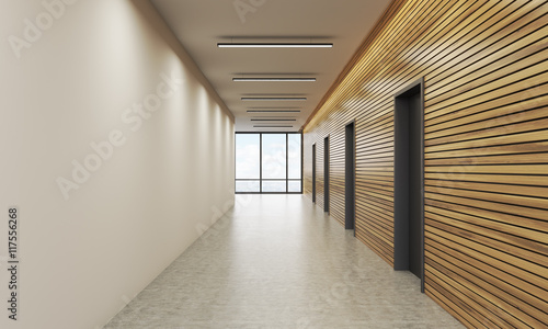 Fotografering Office lobby with white and wooden wall