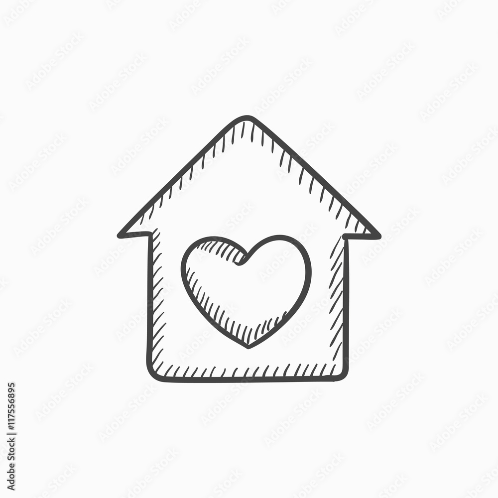 House with heart symbol sketch icon.