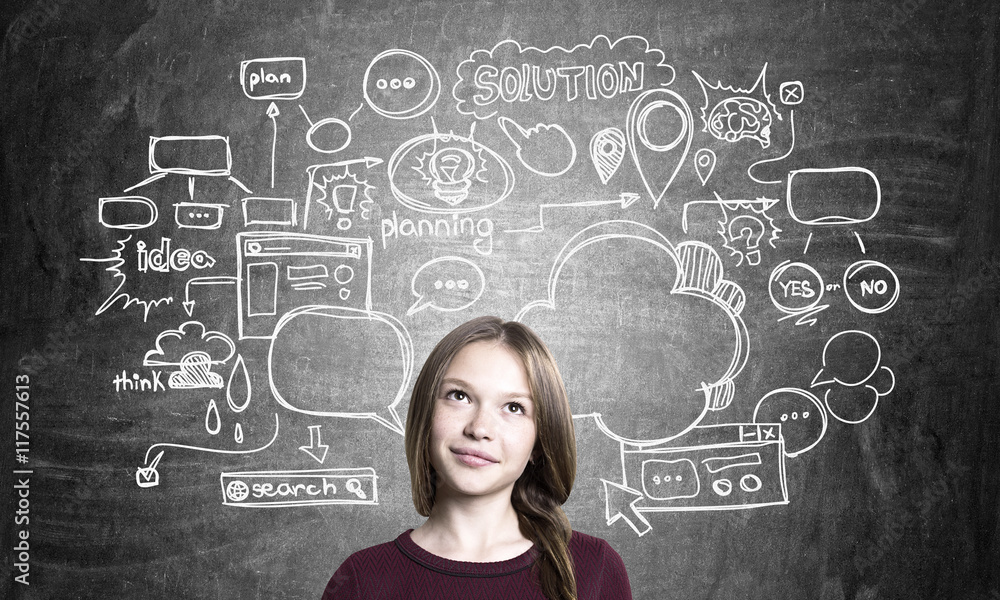 Girl thinking about future business. Girl thinking about future business.