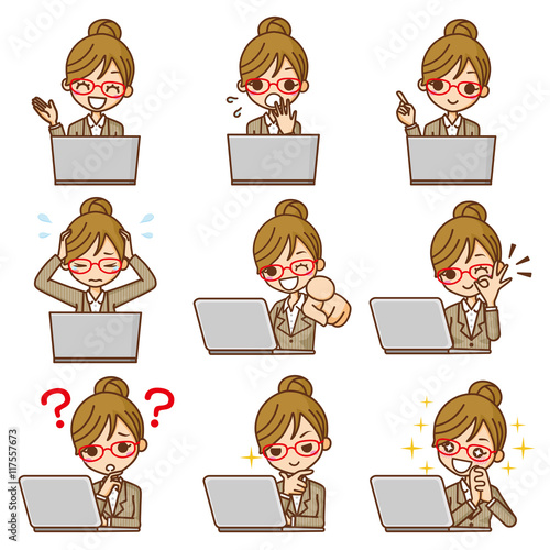 眼鏡のビジネスウーマン PC セット