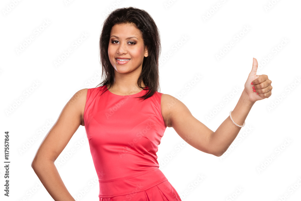 Mixed race woman giving thumb up gesture. Mixed race woman giving thumb up gesture.