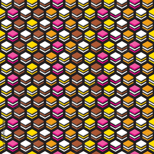 Seamless Liquorice Allsorts 3d Cube pattern on a black background