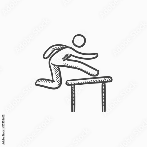Man running over barrier sketch icon.