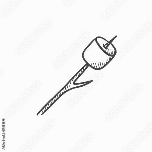 Marshmallow roasted on wooden stick sketch icon.