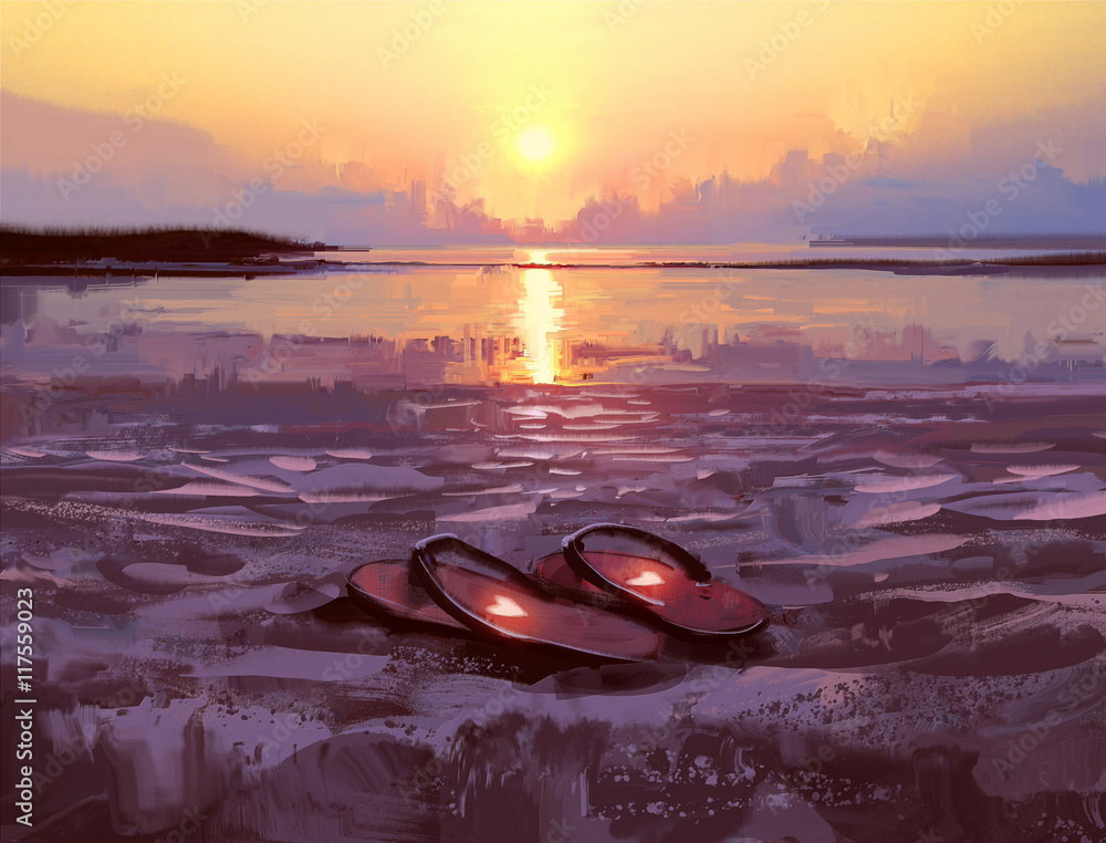 Fototapeta premium flip flops with lovely hearts on the beach at sunset ,digital painting