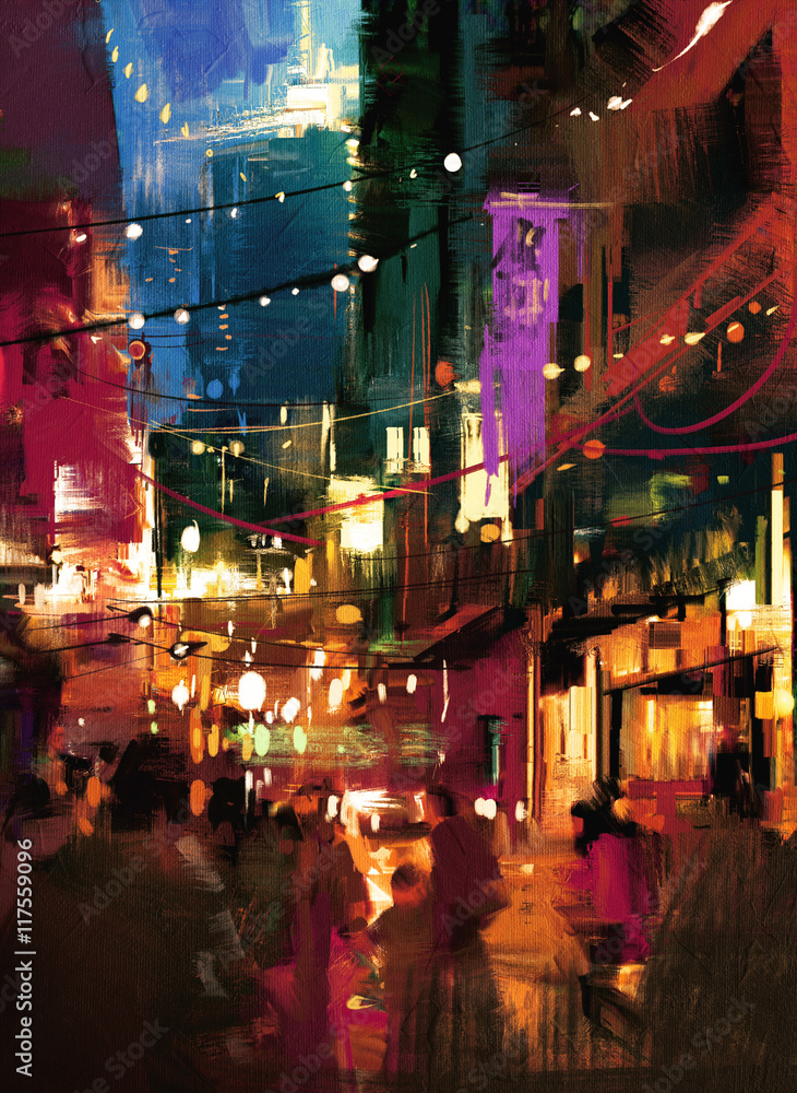 Fototapeta premium colorful painting of shopping street at night