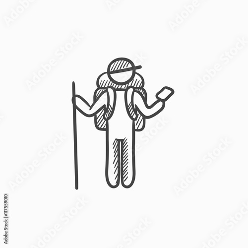 Tourist backpacker with phone sketch icon.
