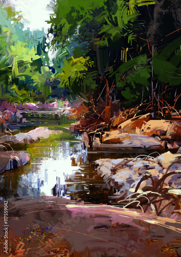 Fototapeta Naklejka Na Ścianę i Meble -  beautiful river amongst large stones in summer forest,digital painting