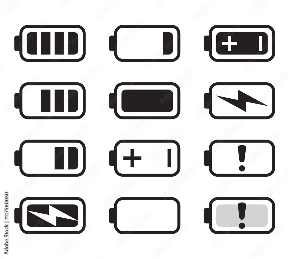 Battery icons set, black isolated on white background, vector illustration. Battery icons set, black isolated on white background, vector illustration.