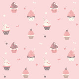 Vector seamless pattern of cute sweet cupcakes on pink pastel background colors.