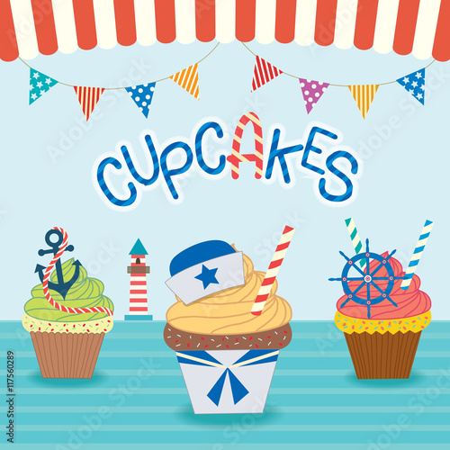 Illustration vector  sailor cupcakes concept design  in ocean background vectors for bakery and cakes cafe.