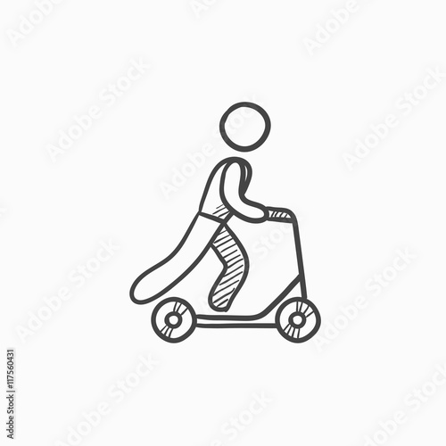 Man riding kick scooter sketch icon.